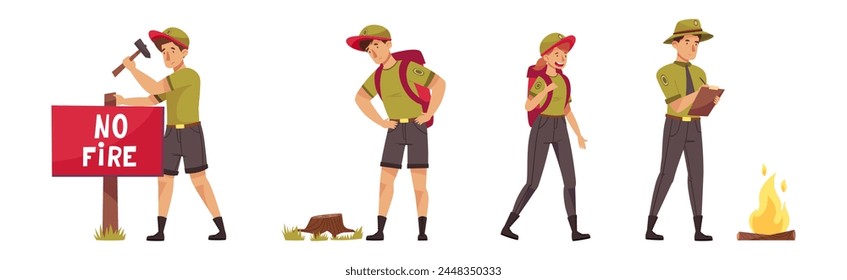 Male and Female Forest Rangers Working in Forest Vector Set