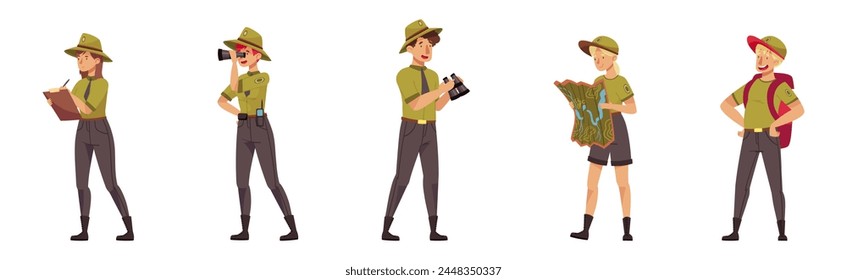 Male and Female Forest Rangers Working in Forest Vector Set