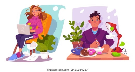 Male and female freelancers working home. Vector cartoon illustration of young woman sitting in armchair, typing on laptop, man in sweater writing on paper, coffee and donuts on desk, remote job