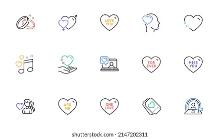 Male female, Friends chat and Wedding rings line icons for website, printing. Collection of Ask me, Heart, Love music icons. Friend, Hold heart, Lgbt web elements. Love ticket, Miss you. Vector