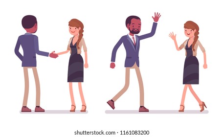 Male and female friends greeting. Black man and white woman clasping hands, waving. Business protocol manners and etiquette concept. Vector flat style cartoon illustration isolated on white background