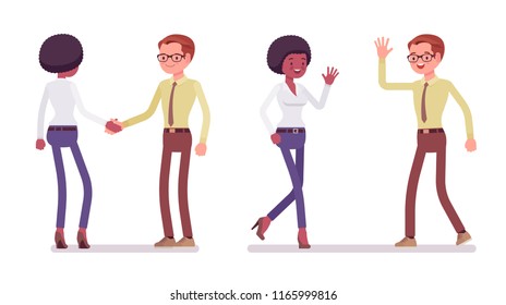 Male and female friends greeting. Black woman and white man clasping hands, waving. Business protocol manners and etiquette concept. Vector flat style cartoon illustration isolated on white background