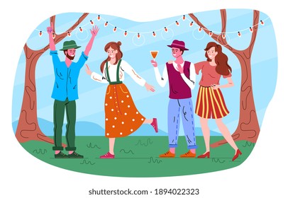 Male and female friends are throwing retro garden party. People dancing and drinking wine. Friends having fun in the park at night. Flat cartoon vector illustration
