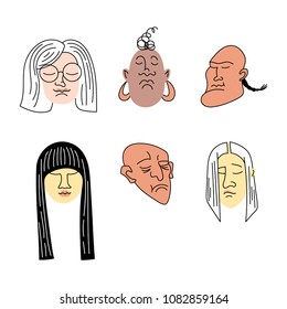 Male and female funny illustration with faces of different ethnicity, black, latin, european, asian races. Vector isolated