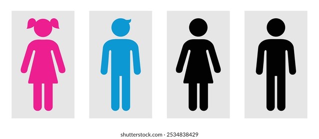 Símbolo de gênero masculino e feminino conjunto isolado de cor rosa, azul e preto. Sinal de homem ou mulher. Ícone feminino e masculino. Símbolos de gênero de homem, mulher, menina e menino. Ilustração vetorial.