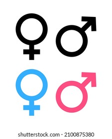 Male And Female Gender Symbols Or Icons. Vector Sign Of Sex. Women And Men Graphic Pictogram Illustration. Woman And Man, WC Logo For Toilet. Girl And Boy Flat Logo For Web. Person Outline Elements.