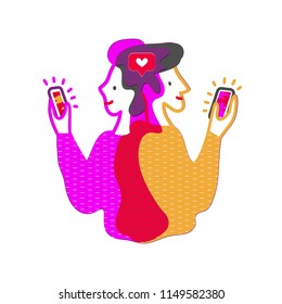 Male and female give likes to each other on social media apps. Vector illustration about online dating and romantic relationships on social networks. EPS10.