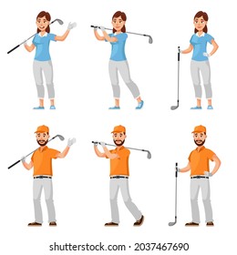 Male and female golfers in different poses. Man and woman in cartoon style.