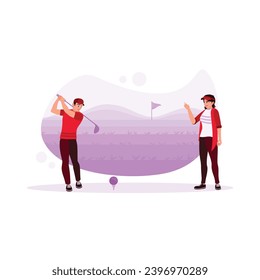 Male and female golfers play golf on the course. They played golf while enjoying the view around the system. Sports athlete concept. Trend Modern vector flat illustration