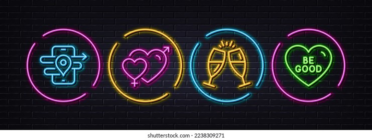 Male female, Gps and Champagne glasses minimal line icons. Neon laser 3d lights. Be good icons. For web, application, printing. Love heart, Phone map, Chin-chin. Love sweetheart. Vector