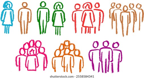 Male Female Group of People Related Icons Crayon Chalk Drawing Vector Set