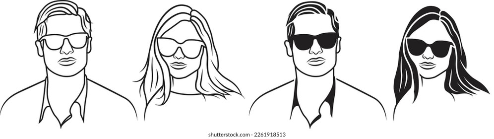 Male female hair salon vector illustration, Vector minimal Barbershop logo icon of man and woman in sunglasses, minimal style barber vintage design