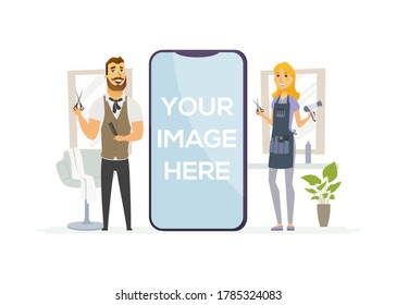 Male, female hairdressers - cartoon people characters illustration. Young man and woman holding barber tools, scissors, brush. Hairstylists in a beauty salon. A smartphone with place for your image