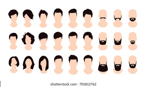 Male and female hairstyles set, beards and mustaches. Flat style