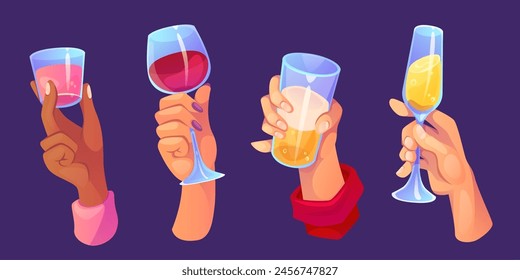 Male and female hand holding glass with alcohol drinks. Cartoon vector illustration set of human arm with cocktail for party and event celebration concept. Pink shot red wine, champagne and beer.