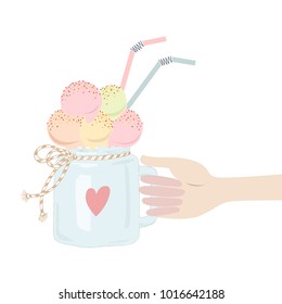 A male or female hand holds an ice cream in jar. Flat design vector illustration