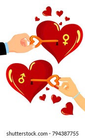 Male and female hand insert keys into hearts
