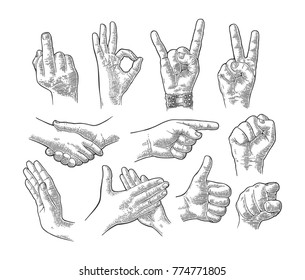 Male And Female Hand Sign Set. Fist, Like, Handshake, Ok, Stop, Middle Finger Up, Pointing, Applause, Fig, Rock Roll Gesture. Vector Vintage Engraved Illustration Isolated White Background