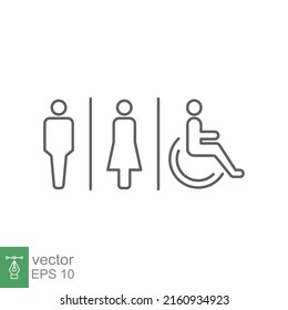 Male, Female, Handicap Toilet Sign Icon. WC, Unisex Bathroom Concept. Vector Illustration Isolated On White Background. EPS 10.