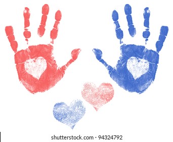 Male and female handprint with a heart. Love handprint concept, vector illustration