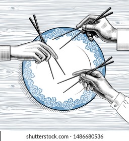 Male and female hands with chopsticks. Asian cuisine. Vintage stylized drawing. Vector illustration