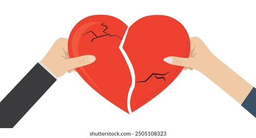 Male and female hands connect broken heart. Reconciliation concept. Love couple reconciled, broken heart with scratches and cracks isolated on white background. Restore love. flat vector illustration