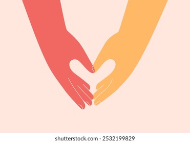 Male and female hands connect and make heart shape by fingers. Adult Different skin arms showing heart gesture. Interracial love and friendship. Vector illustration