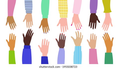 Male and female hands of different cultures and peoples. Hands outstretched to each other. Help, mutual assistance. Flat style. Vector illustration. 