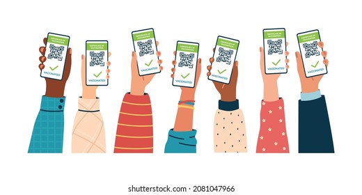 Male And Female Hands Of Different Nationalities Are Holding Up Phones With QR Codes On The Screen. Vaccine Passport, Immunity To COVID. Sanitary Pass. Vaccinated People. Flat Vector Illustration