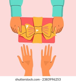 Male and Female Hands Giving Christmas gift box. Present to a friend, for Valentine's Day, Birthday. Young couple celebrating anniversary, date gift, lovers