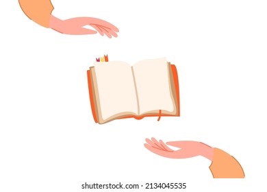 Male and female hands hold a book. School. Institute. Education. Literature. Magic book. Literacy Day. Book exchange and bookstore. Vector illustration isolated on white background.