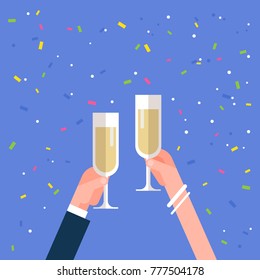 Male And Female Hands Holding Champagne Glasses Cheering Holiday Celebration Concept Flat Vector Illustration