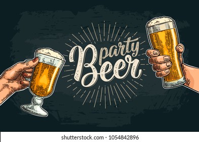 Male and female hands holding and clinking glass. Beer party calligraphic handwriting lettering. Vintage vector color engraving for invitation. Isolated on dark background. Hand drawn design element