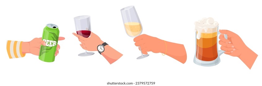 Male and female hands holding different alcohol drink glass isolated vector illustration set on white background. Human arms with beer pint mug and canned bottle, champagne and wineglass