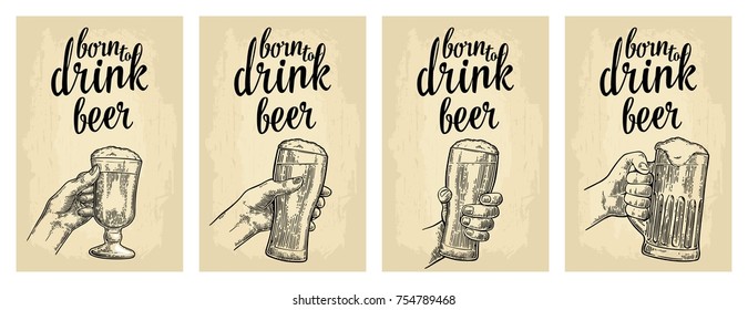 Male and female hands holding a glass with beer. Vintage vector engraving illustration for web, poster, invitation to party or birthday. Isolated on beige background