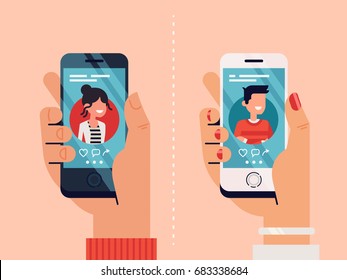 Male And Female Hands Holding Mobile Phones With Abstract Dating App Profile On Display. Cool Vector Concept On Online Dating Application, Flat Design