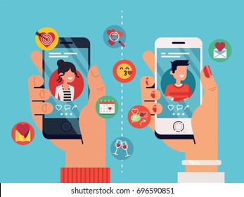 Male and female hands holding mobile phones with abstract dating app profiles and icons. Cool vector concept on online dating application, flat design Male and female hands holding mobile phones with abstract dating app profiles and icons. Cool vector concept on online dating application, flat design