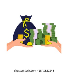 Male and female hands are holding a lot of money, dollars, a bag of money, cupbras, coins. Concept: family budget, inheritance, capital. Vector illustration, flat cartoon color design, isolated.