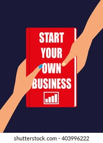 Male and Female hands holding or passing a hardback book with the title Start Your Own Business on the front cover