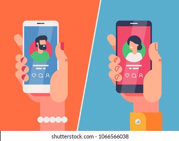 Male and female hands holding smartphones with dating application profile on display. Online dating app concept. Flat vector illustration.