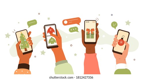 Male and female hands holding smartphones and shopping online. Characters choosing and buying a Christmas tree, sweaters, gifts and other holiday products. Flat cartoon vector illustration.