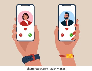 Male and female hands holding smartphones with portraits of man and woman on screens. Social mobile application for dating, searching for romantic partner. Flat cartoon vector illustration.
