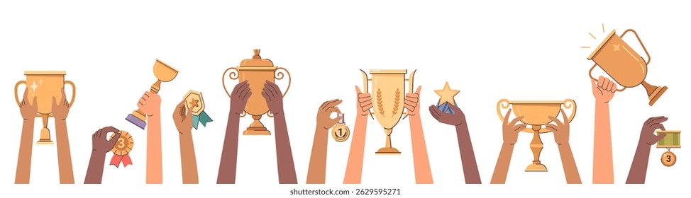 Male and female hands holding trophies and gold cups, victory and winners celebrating set. Vector championship or challenge completion, success and achievement awards of sports goals