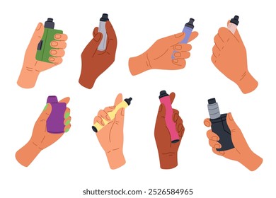 Male and female hands holding vapes. Modern nicotine free gadgets. Electronic cigarettes. Tobacco smoking. Unhealthy addiction. Smoke simulating. Vaping device. Human arm