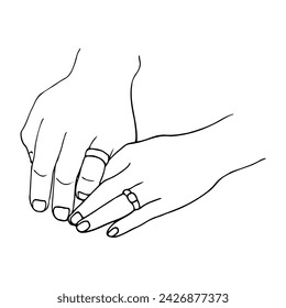 male and female hands intertwined, on each hand a ring on the ring finger. hand drawn illustration newlyweds, married or just engaged svg