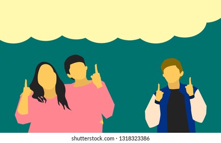 male and female hands up pointing to board product item message for business marketing concept. vector illustration eps10