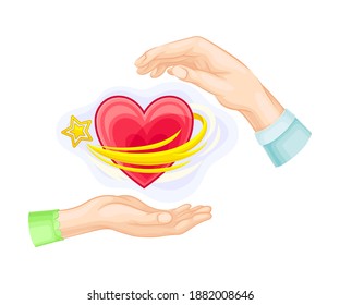 Male and Female Hands and Red Fluttering Heart Vector Illustration