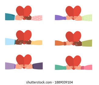 Male and female hands with red hearts. Love between people of different nationalities, lgbt. United community icons. Vector flat illustration. Valentines day holiday decorations