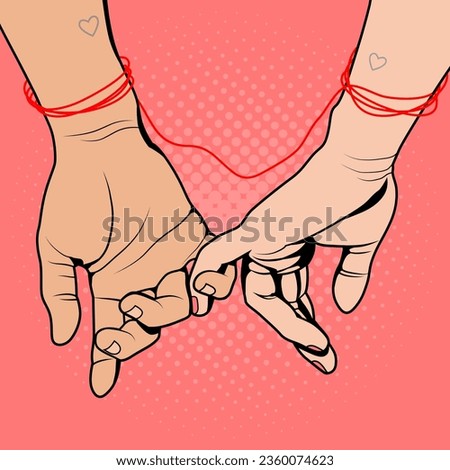 Male and female hands tied with red thread, vector illustration in retro pop art comic style. Love and valentine's day concept