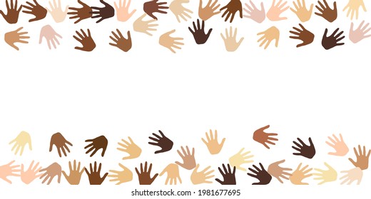 Male and female hands of various skin tone silhouettes. Crowd concept. Cosmopolite community hand icons design. Skin tone identity vector.